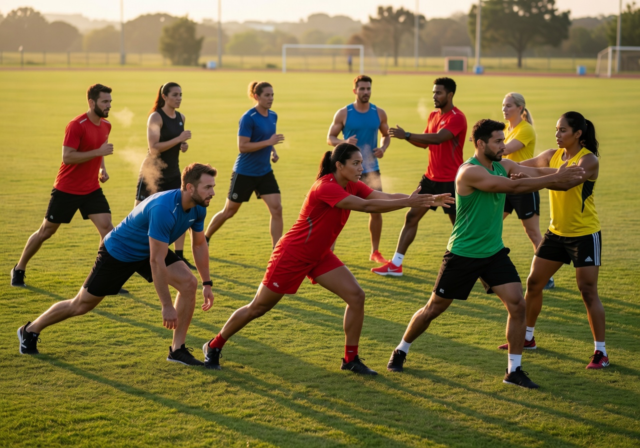 Athletes stretching and warming up together