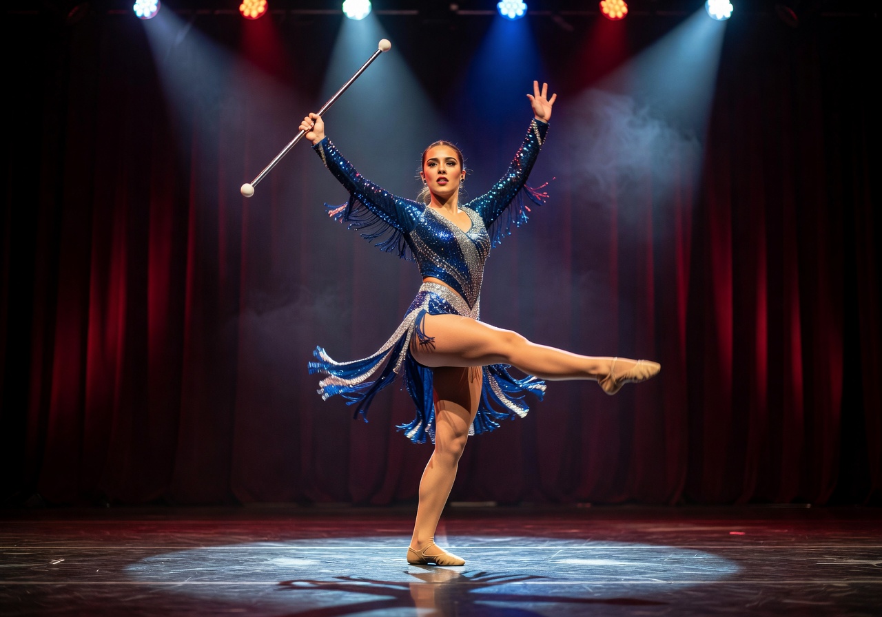 Baton twirler in performance costume on stage