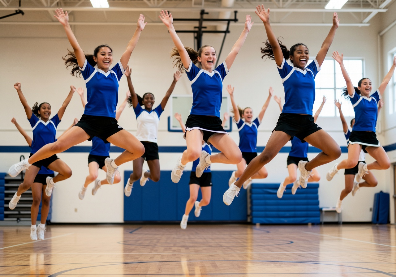 Cheer foundations class practicing jumps and motions