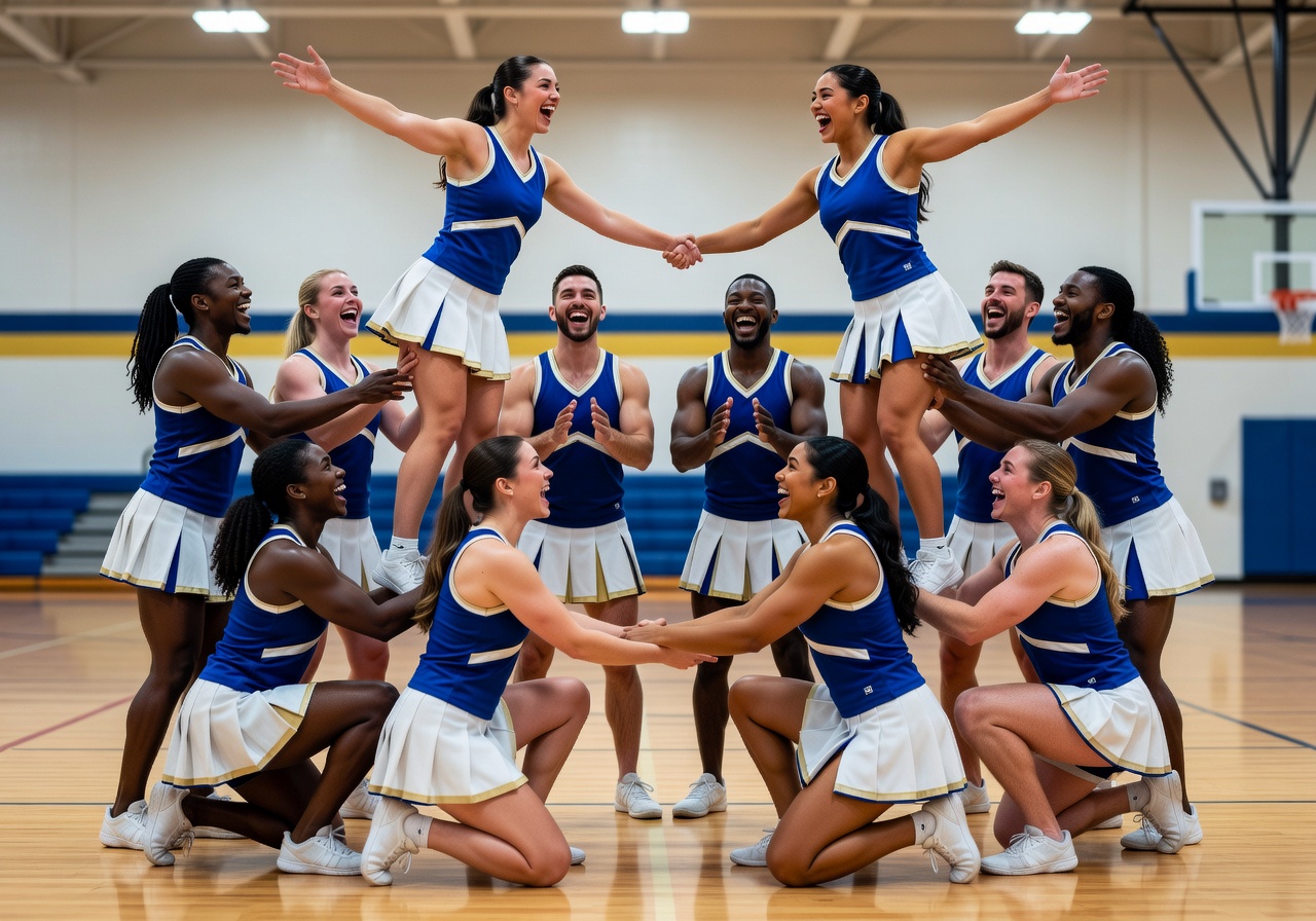 Cheer team practicing together in supportive group formation