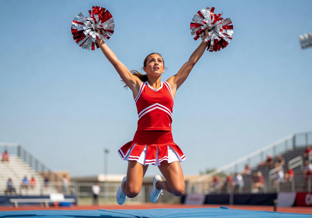 Cheerleader performing high jump with pom poms