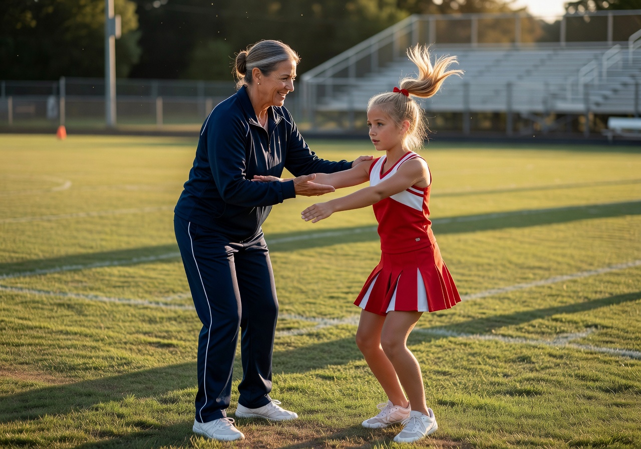 Coach guiding young cheerleader through technique with warmth