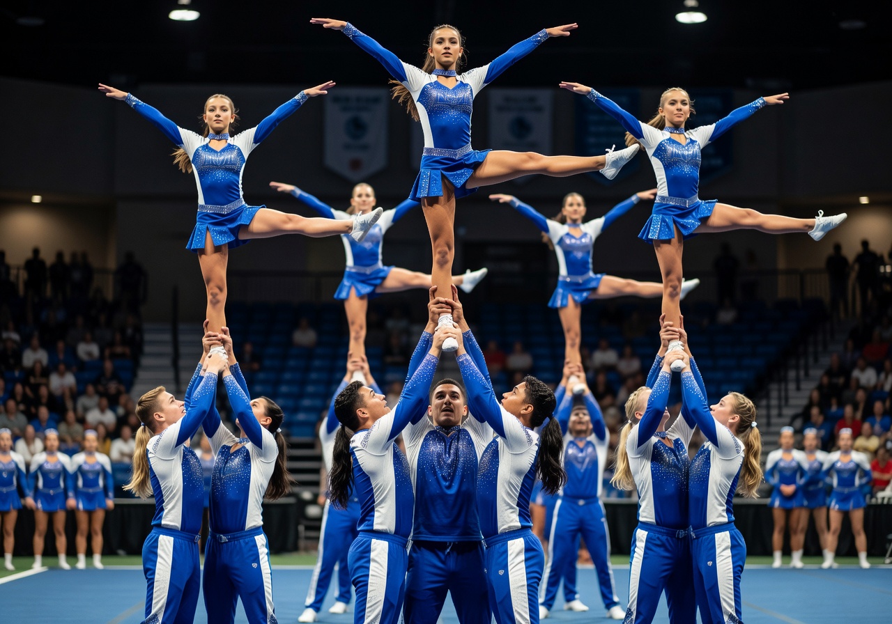 Elite competitive cheer team performing complex stunt