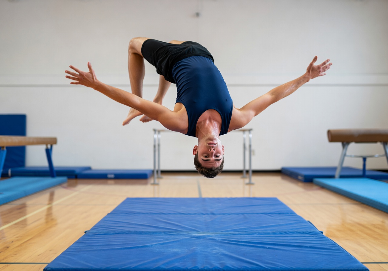 Young athlete practicing tumbling routine