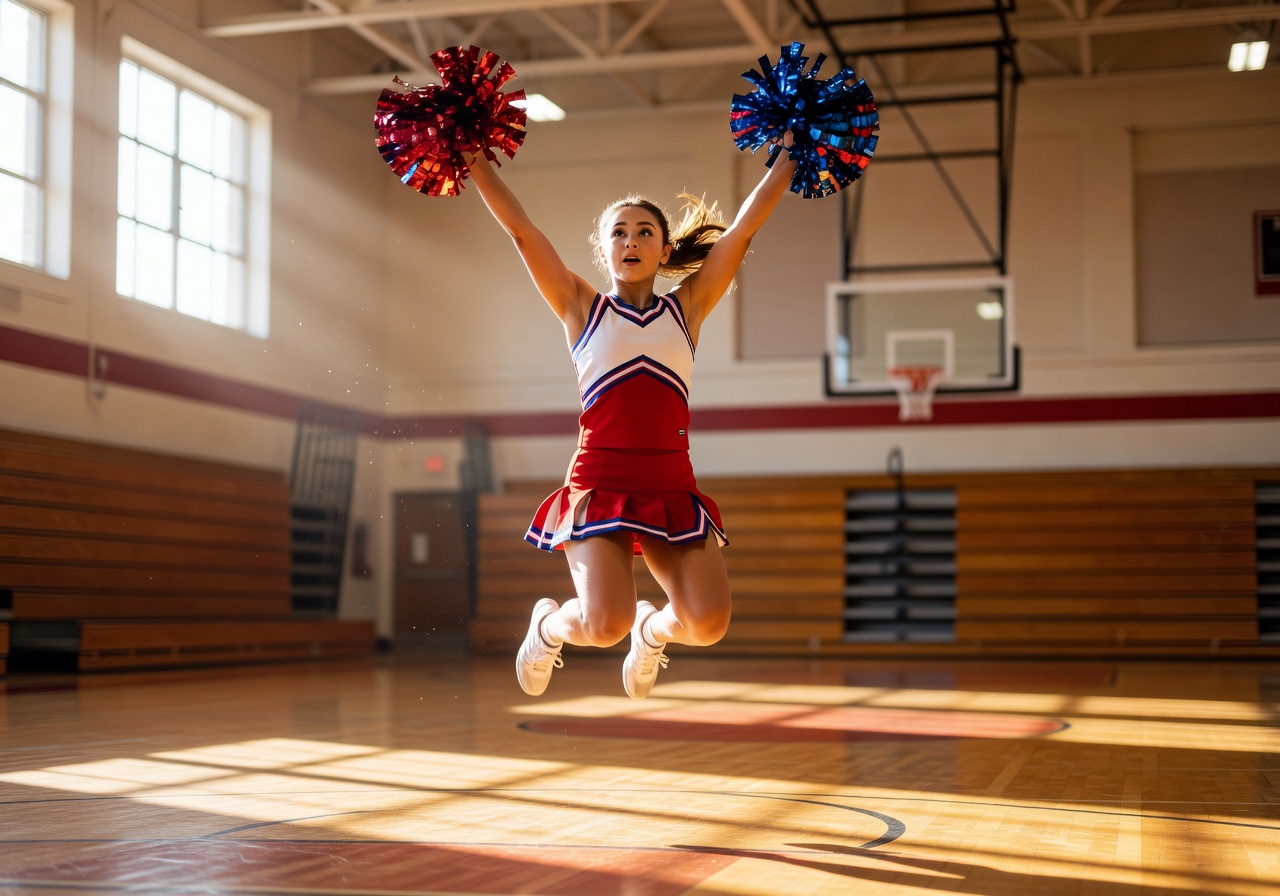 Young cheerleader mid-jump with pom poms in sunlit gym