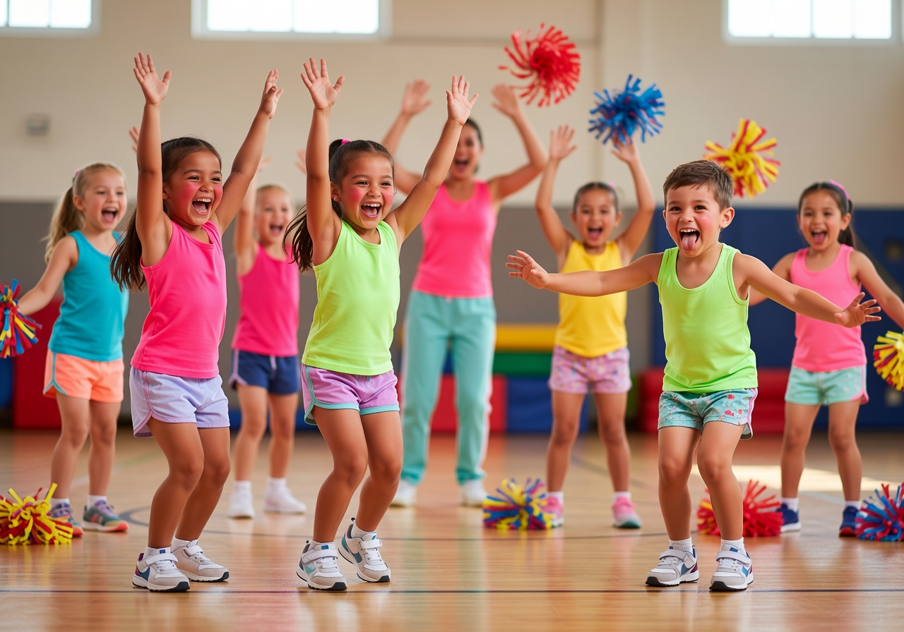Young children in playful cheer class learning movement